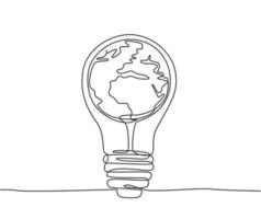 One single line drawing of sphere globe inside shining lightbulb for company logo identity. Thinking smart idea creative icon concept. Trendy continuous line draw design vector illustration