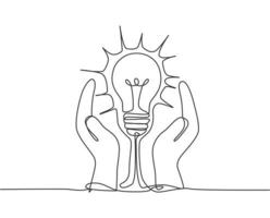 Single continuous line drawing of open hands protect lightbulb for logo label. Company safe protection logotype symbol template concept. Dynamic one line draw graphic vector illustration