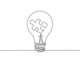 One single line drawing of lightbulb with piece of puzzle inside for creative company logo identity. Innovation idea icon concept. Trendy continuous line draw design vector illustration