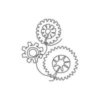 One continuous line drawing of mechanical engine gear icon logo emblem. Round wheel metal symbol logotype template for business teamwork concept. Modern single line draw design graphic illustration vector