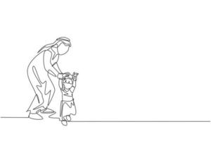 Single continuous line drawing of young Arabian dad holding his daughter's hand, teaching how to walk. Islamic muslim happy family fatherhood concept. Trendy one line draw design vector illustration