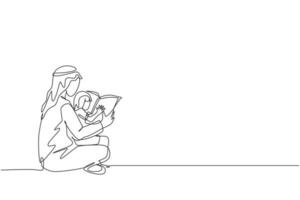Single continuous line drawing of young Arabian dad sit on the floor and read story book to daughter. Islamic muslim happy family fatherhood concept. Trendy one line draw design vector illustration