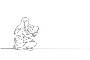 Un dibujo de una sola línea de la joven madre árabe y su hijo leen juntos un libro de cuentos de hadas en la ilustración de vector de piso. feliz concepto de crianza de los hijos de la familia musulmana islámica. diseño de dibujo de línea continua