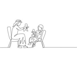 One continuous line drawing of young Arabian dad and daughter playing doll to wait fasting break. Happy Islamic muslim parenting family concept. Dynamic single line draw design vector illustration