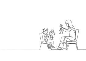 dibujo de una sola línea continua de una joven madre árabe y su hija jugando a la muñeca princesa juntas en casa. concepto de maternidad de familia feliz musulmana islámica. Ilustración de vector de diseño de dibujo de una línea de moda