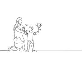 One continuous line drawing of young Arabian mother congratulate son of the award trophy that he won. Happy Islamic muslim parenting family concept. Dynamic single line draw design vector illustration