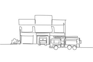 dibujo de una sola línea continua de la construcción del edificio de la estación de bomberos. La oficina del campamento base de bomberos aisló el concepto de minimalismo. Ilustración de vector de diseño gráfico de dibujo de una línea dinámica sobre fondo blanco