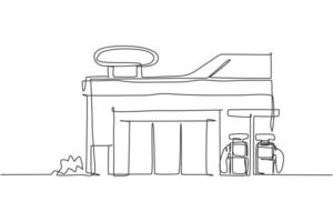 dibujo de una sola línea de la construcción del edificio de la estación de servicio en el campo. Servicio de gasolinera aislado doodle concepto mínimo. Ilustración de vector gráfico de diseño de dibujo de línea continua de moda