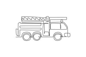 Continuous one line drawing of emergency road vehicle fire engine. Fire truck rescue as fire fighter apparatus hand drawn minimalist concept. Modern single line draw design vector graphic illustration