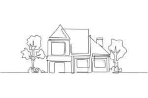 Single one line drawing of eco friendly house construction building. Home architectural property isolated doodle minimal concept. Trendy continuous line draw design graphic vector illustration