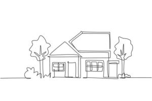 Single continuous line drawing green eco modest house at village. Home building construction isolated minimalism concept. Dynamic one line draw graphic design vector illustration on white background