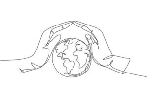 Single one line drawing of hand protect earth. Nature icon silhouette for environment concept. Infographics, community presentation isolated on white background. Design vector graphic illustration