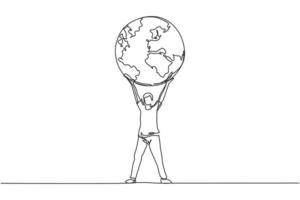 Continuous one line drawing of man holding globe earth minimalist vector illustration design on white background. Isolated simple line modern graphic style. Hand drawn graphic concept for save nature