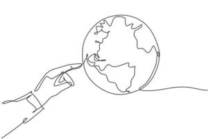 dedo toque globo terráqueo. Icono gráfico de mapa global mundial de línea continua única. Doodle simple de una línea para el concepto de tecnología. diseño minimalista de la ilustración del vector aislado en el fondo blanco