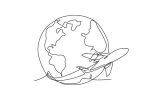 avión volando alrededor de la tierra. icono gráfico del mapa del globo del mundo de una sola línea continua. simple garabato de una línea para el concepto de viaje. diseño minimalista de la ilustración del vector aislado en el fondo blanco