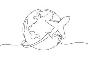 Single one line drawing of airplane fly through the sky. Globe icon silhouette for tours and travel concept. Infographics, business presentation on white background. Design vector graphic illustration