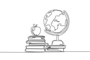 globo terráqueo en el escritorio. dibujo continuo de una línea de libros, diseño minimalista de ilustración vectorial sobre fondo blanco. estilo gráfico moderno de línea simple aislada. concepto gráfico dibujado a mano para la educación vector