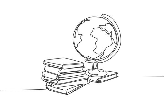 Earth globe beside books stack. Continuous one line drawing minimalist vector illustration design on white background. Simple line modern graphic style. Hand drawn graphic concept for education