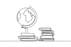 Single one line drawing of globe and stack of books. Earth and book graphic for education concept. Infographics, school presentation isolated on white background. Design vector illustration