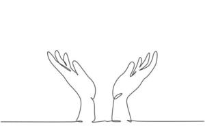 Single one line drawing of open hand gesture. Holding hand icon silhouette for organization concept. Infographics, charity presentation isolated on white background. Design vector graphic illustration