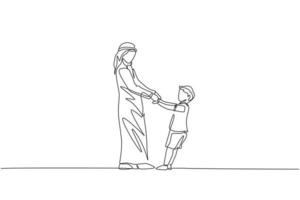 Continuous one line drawing of young Arabian dad and son fun playing together at home. Happy Islamic muslim parenting family concept. Dynamic single line graphic draw design vector illustration