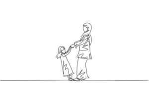 dibujo de una sola línea de la joven madre árabe y su hija tomados de la mano, jugando juntos ilustración vectorial. feliz concepto de crianza de los hijos de la familia musulmana islámica. diseño de dibujo gráfico de línea continua moderna vector