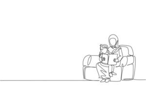 Continuous one line drawing of young Arabian mother reading a story book to her son on sofa. Happy Islamic muslim parenting family concept. Dynamic single line graphic draw design vector illustration