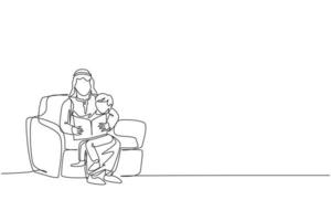 Single one line drawing of young Arabian dad sitting on sofa with his son to read a book vector illustration. Happy Islamic muslim family parenting concept. Modern continuous line graphic draw design