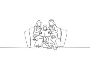 Continuous one line drawing of young Arabian parent sitting on sofa with their boy, reading a book. Happy Islamic muslim parenting family concept. Single line graphic draw design vector illustration