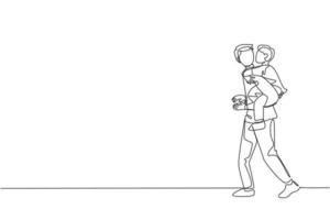 One single line drawing of young father talking to his sleepy son while carrying him on back go to the bed room vector illustration. Happy family parenting concept. Modern continuous line draw design