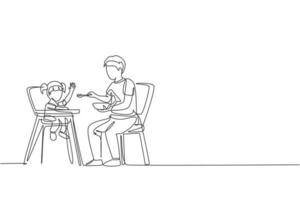 un dibujo de línea continua de un padre joven que alimenta a su hija con una comida que se sienta en una silla de comedor para bebés. concepto de paternidad familiar feliz. Gráfico dinámico del ejemplo del vector del diseño del sorteo de una sola línea