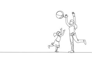 Single continuous line drawing of young playing throw beach ball with her daughter at home, happy parenting. Family loving care concept. Trendy one line draw graphic design vector illustration