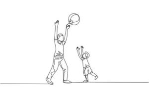 One continuous line drawing of young father playing throw beach ball with his son at home. Happy family parenthood concept. Dynamic single line draw graphic design vector illustration