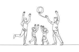 One single line drawing of young mother and father playing throw beach ball with their son and daughter at home vector illustration. Happy family parenting concept. Modern continuous line draw design