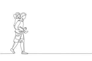 Single continuous line drawing of young dad talking to his daughter while carrying her on back go to the bed room, happy parenting. Family loving care concept. One line draw design vector illustration