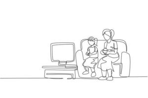 Single continuous line drawing of young mom and daughter sitting on sofa while playing video game together at home, happy parenting. Family fun concept. Trendy one line draw design vector illustration
