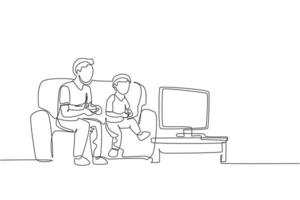 Un dibujo de una sola línea de un padre joven y un hijo sentados en el sofá mientras juegan videojuegos juntos en la ilustración de vector gráfico de casa. concepto de crianza de los hijos de familia feliz. diseño moderno de dibujo de línea continua