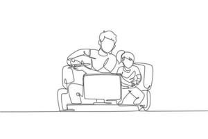 dibujo de línea continua única de padre e hija jóvenes sentados en el sofá mientras juegan videojuegos juntos en casa, crianza feliz. concepto de diversión familiar. Ilustración de vector de diseño de dibujo de una línea