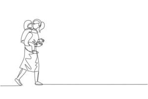 One single line drawing of young mom talking while carrying her sleepy tired daughter on back go to the bed room vector illustration. Happy family parenting concept. Modern continuous line draw design