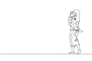 One continuous line drawing of young mother carrying her sleepy tired daughter go to the bed room. Happy family parenthood concept. Dynamic single line draw design graphic vector illustration