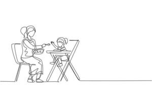 Single continuous line drawing young mom feeding her daughter a meal who sit at baby dining chair, happy parenting. Family loving care concept. Trendy one line draw design graphic vector illustration