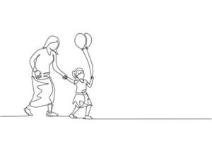 Single continuous line drawing young mom and her daughter go to night carnival festival while the kid holding balloon. Happy family parenthood concept. One line draw design vector illustration graphic