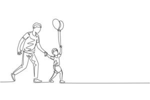 One continuous line drawing of young father and his son go to night carnival festival while the kid holding balloon. Happy family parenting concept. Dynamic single line draw design vector illustration