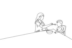 One continuous line drawing of young mom feeding her sick fever son while siting on dining chair at home. Happy family parenting concept. Dynamic single line draw graphic design vector illustration