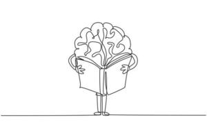 dibujo de línea continua única del cerebro humano de pie y libro de lectura para la etiqueta del logotipo de la biblioteca pública. concepto de icono de logotipo de personaje inteligente. Ilustración de vector de diseño gráfico de dibujo de una línea moderna