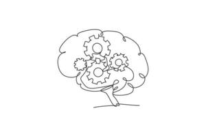 One continuous line drawing of metal round wheel gear inside human brain for company logo icon. Smart machine logotype symbol template concept. Trendy single line draw design vector illustration