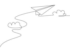 Single continuous line drawing of paper plane flying through the clouds on white background. Paper aircraft origami kid toy. Minimalism concept dynamic one line draw graphic design vector illustration