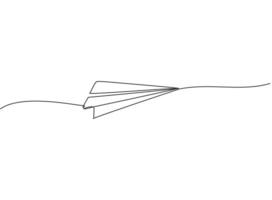 Continuous one line drawing of paper airplane flying on the sky with white background. Creative paper plane kids toy concept. Trendy single line draw design vector graphic illustration