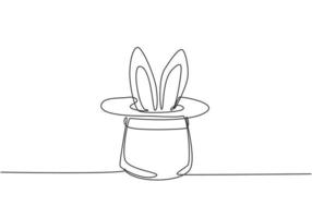 Single one line drawing the magic hat was turned upside down, then there were rabbit ears sticking out of it. A magic show at a circus performance. One line draw design graphic vector illustration.