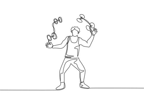 Single one line drawing an acrobat juggling small dumbbells. This game requires dexterity, concentration, and constant practice. Modern continuous line draw design graphic vector illustration.
